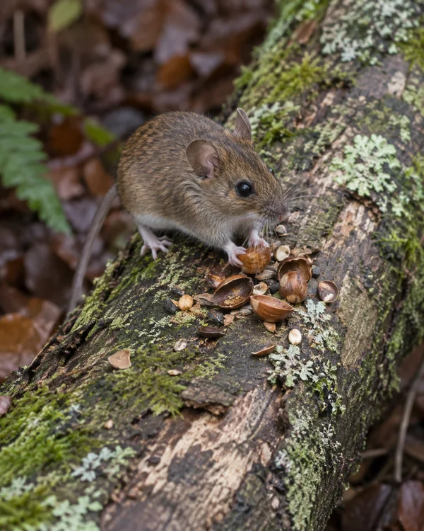 A brown wood mouse with a dark eye and long whiskers forages on a lichen-covered fallen log, its forepaws beside a scatter of beech nuts and seeds; the…