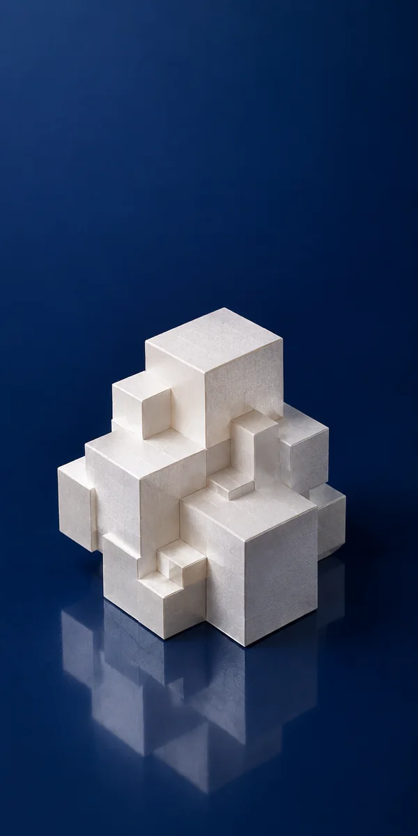 A sculptural cluster of pearl-white, square-faced blocks with stepped recesses stands on a glossy midnight-blue surface, with a reflection beneath it and broad…