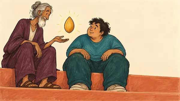 A white-bearded older person in plum clothing sits beside a younger person in teal on a broad terracotta step.