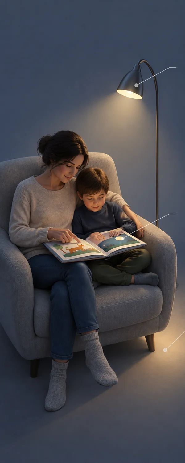 A woman and a child sit together in a pale grey armchair, looking at an open picture book under a floor lamp; three leader lines point toward the lamp, book…