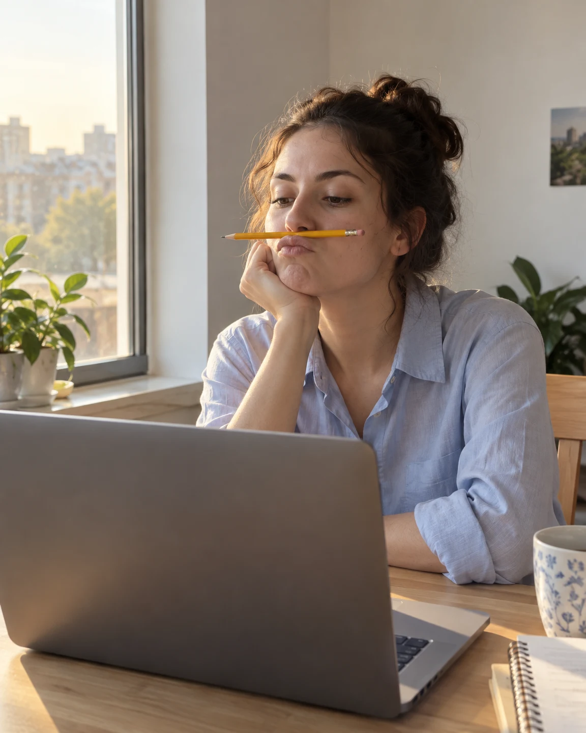 A woman in a light blue shirt sits at a wooden desk by a window, balancing a yellow pencil beneath her nose while looking down toward an open laptop.