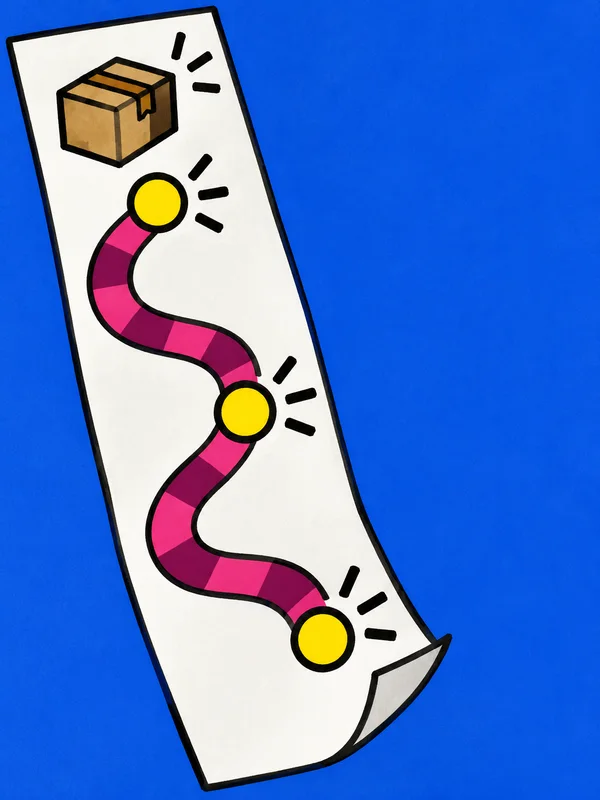 A diagonal off-white shipment sheet fills the left side of a cobalt-blue background, with a tan parcel pictogram above a broad, winding magenta route and three…