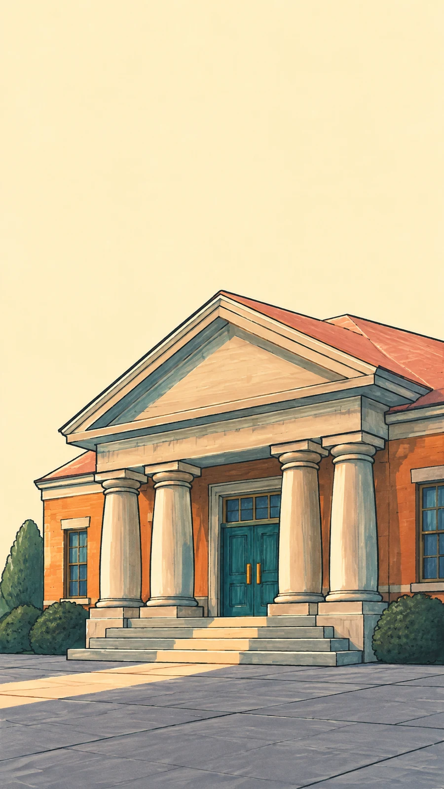 A hand-drawn illustration of a terracotta town hall with a large triangular pediment, four columns, teal double doors and broad steps.