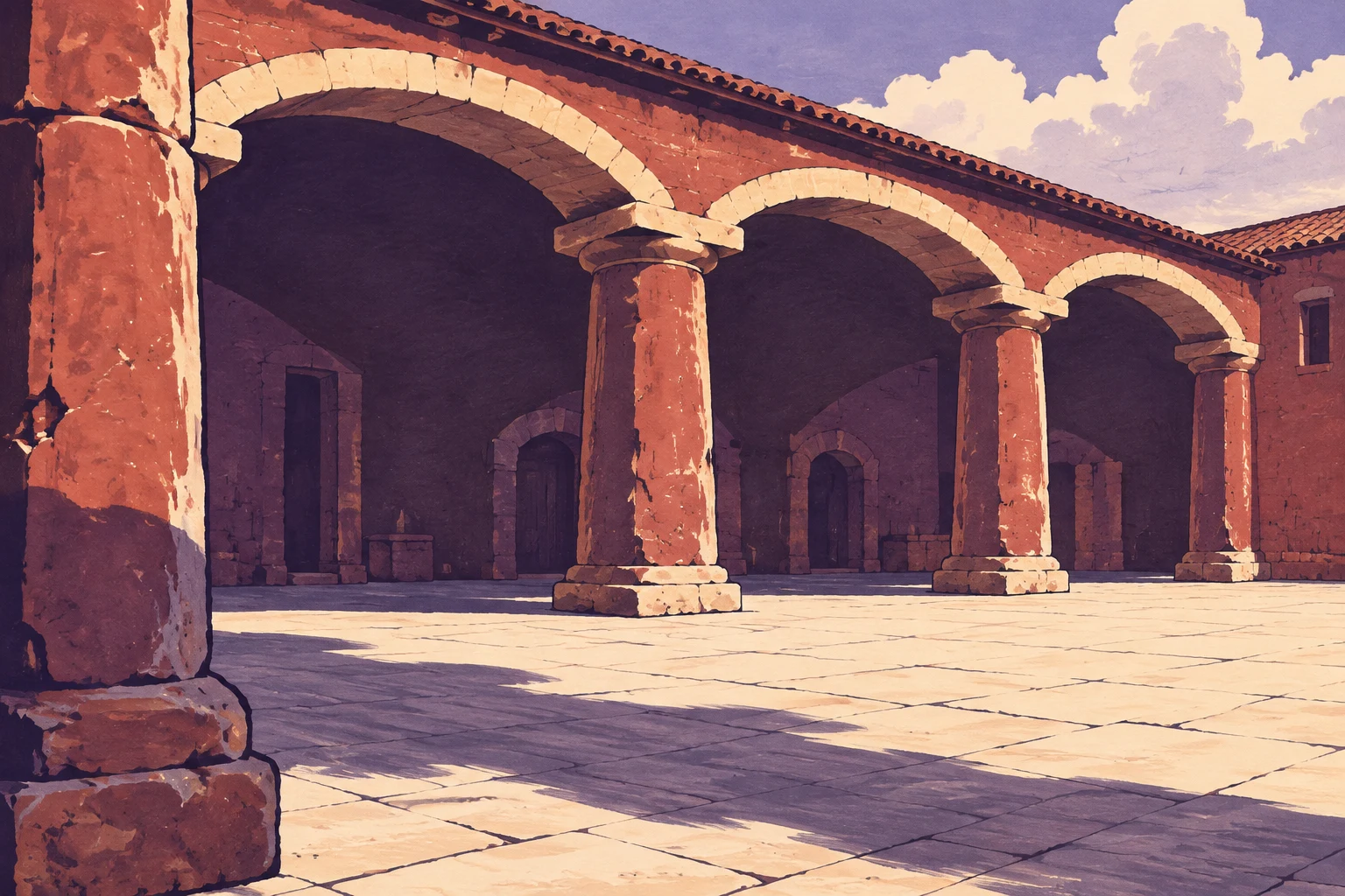A hand-drawn illustration of a berry-red stone arcade with three arches receding across an empty paved courtyard.