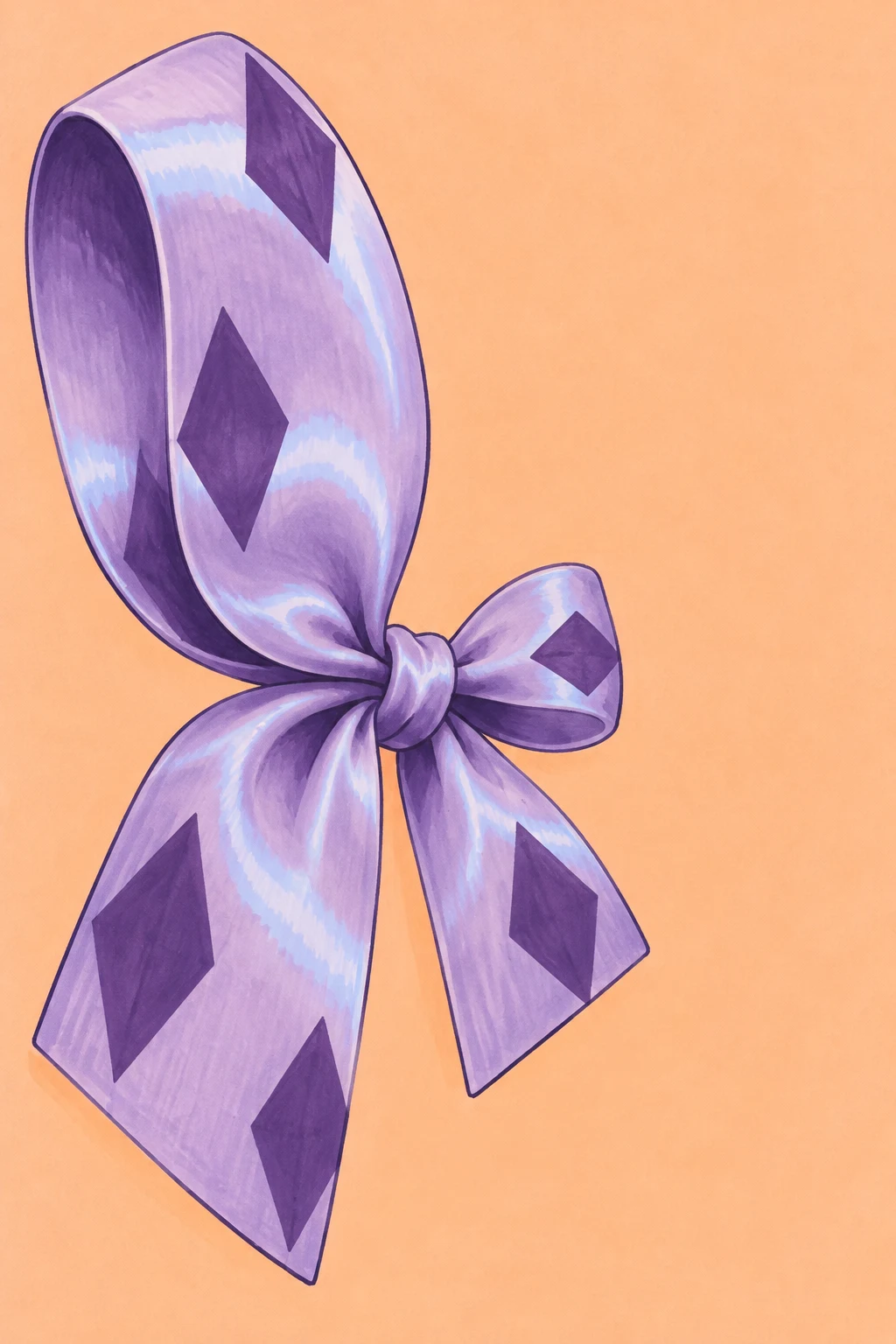 A large lavender satin bow with one tall left loop, a smaller right loop, a central knot and two unequal patterned tails sits against a warm peach background…
