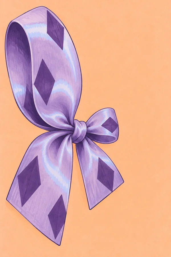 A large lavender satin bow with one tall left loop, a smaller right loop, a central knot and two unequal patterned tails sits against a warm peach background…