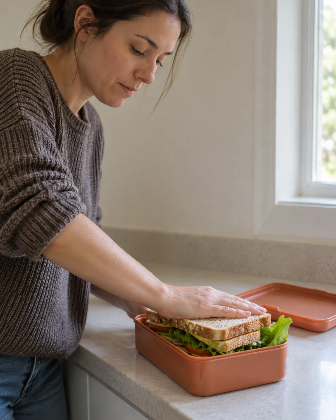A woman in a dark knit sweater leans over a kitchen counter, pressing a thick sandwich with lettuce into an open terracotta-colored lunchbox.