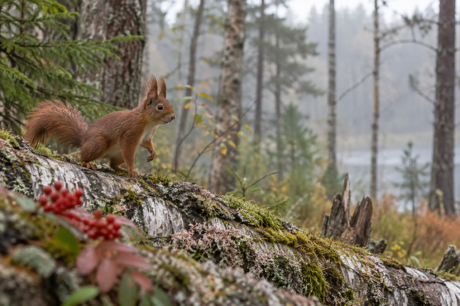A rust-red squirrel with tufted ears steps along a mossy fallen birch trunk, facing right in a misty woodland; blurred red berries and pale lichen fill the…
