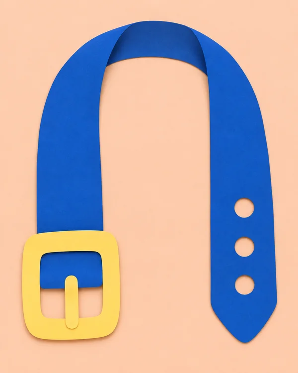 A cobalt-blue belt forms a tall inverted U on a pale peach background, with an oversized butter-yellow buckle at lower left and three circular holes in the…