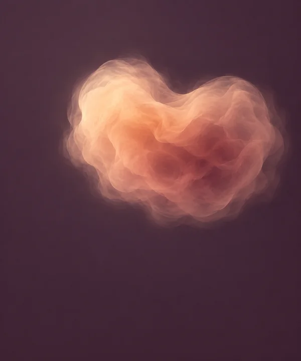 A softly layered apricot and dusty-rose smoke form floats against a muted aubergine background, with broad empty space below.