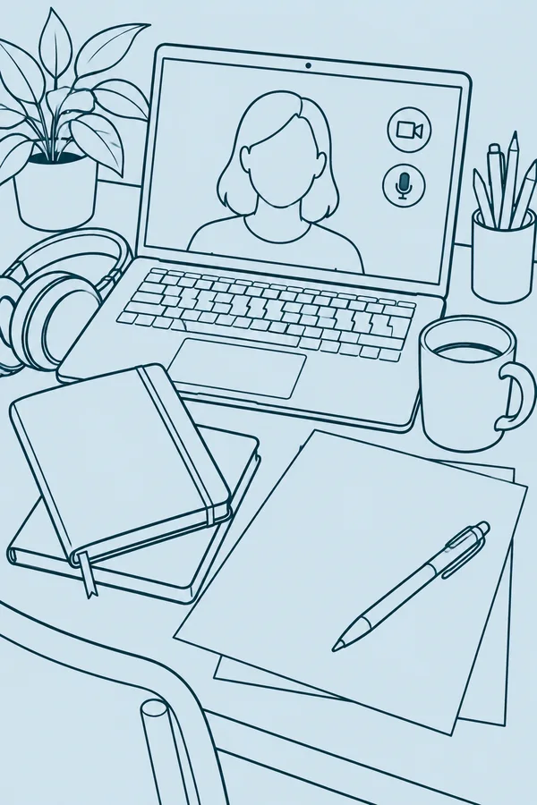 A contour illustration of an open laptop showing a featureless person on a video call, surrounded by headphones, two closed notebooks, blank papers, a diagonal…