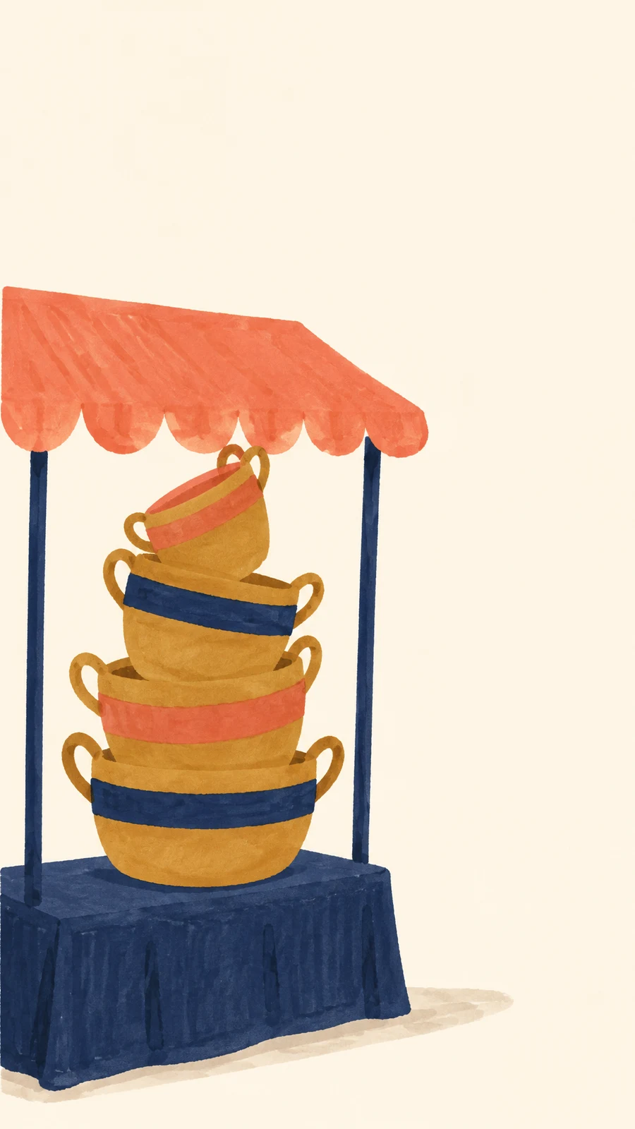 A tall stack of four ochre baskets with coral and indigo bands sits on a low indigo counter beneath a coral scalloped canopy, against a warm cream background…