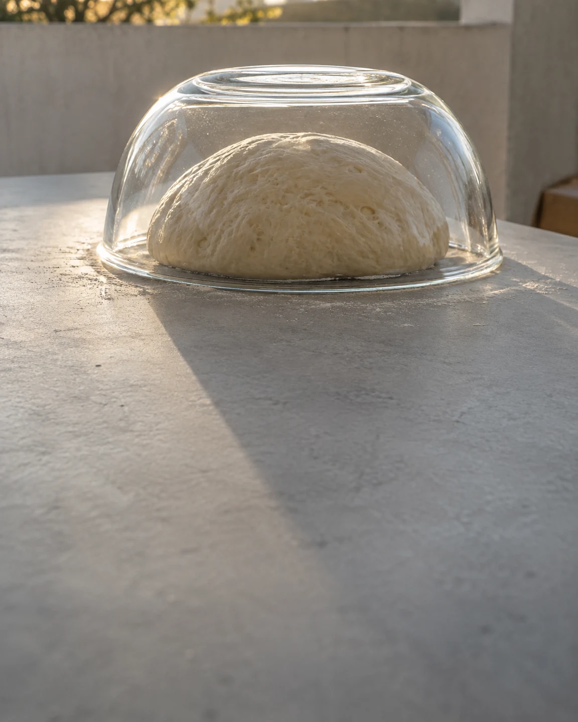 A pale mound of bread dough sits beneath an inverted clear glass bowl on a grey outdoor countertop, with a long sunlit shadow and a patio wall behind it.
