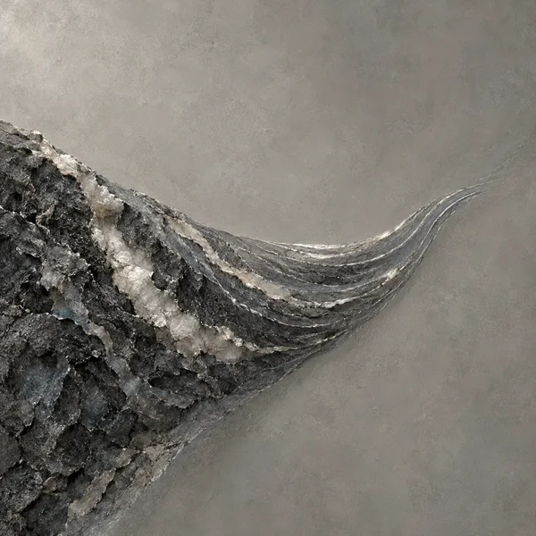 A rough charcoal mineral formation with pale calcite-like seams sweeps from the lower-left across a warm grey textured field, narrowing into fine curved layers…