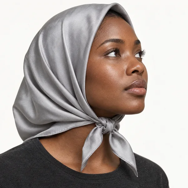 A woman with deep brown skin wears a pearl-grey satin headscarf tied beneath her chin and a charcoal top against a plain light background.
