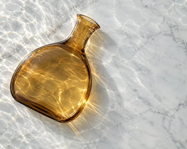 An amber-glass carafe lies diagonally on pale veined marble, its neck and pouring lip pointing toward the upper center.