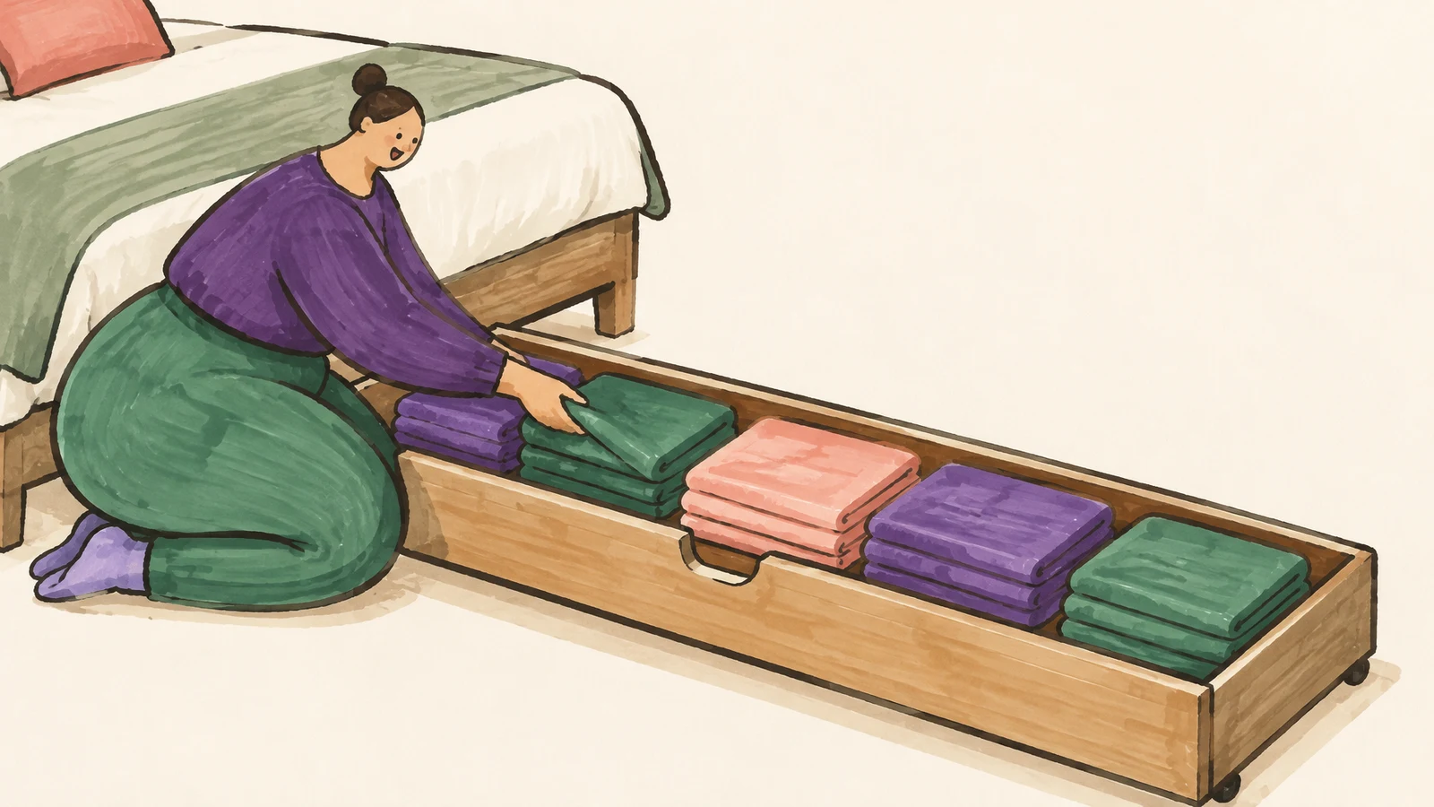 A kneeling adult places a green folded towel among five colorful stacks in a long wooden under-bed drawer beside a bed, with open ivory space above and to the…