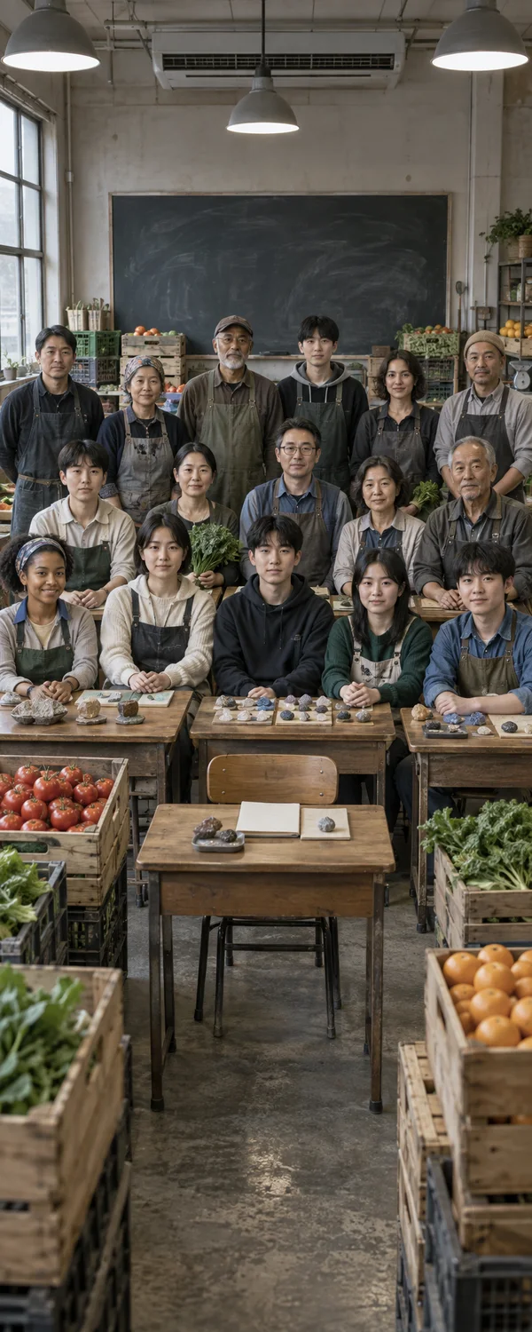 A large group of produce workers and students pose in rows behind wooden desks in a market hall.
