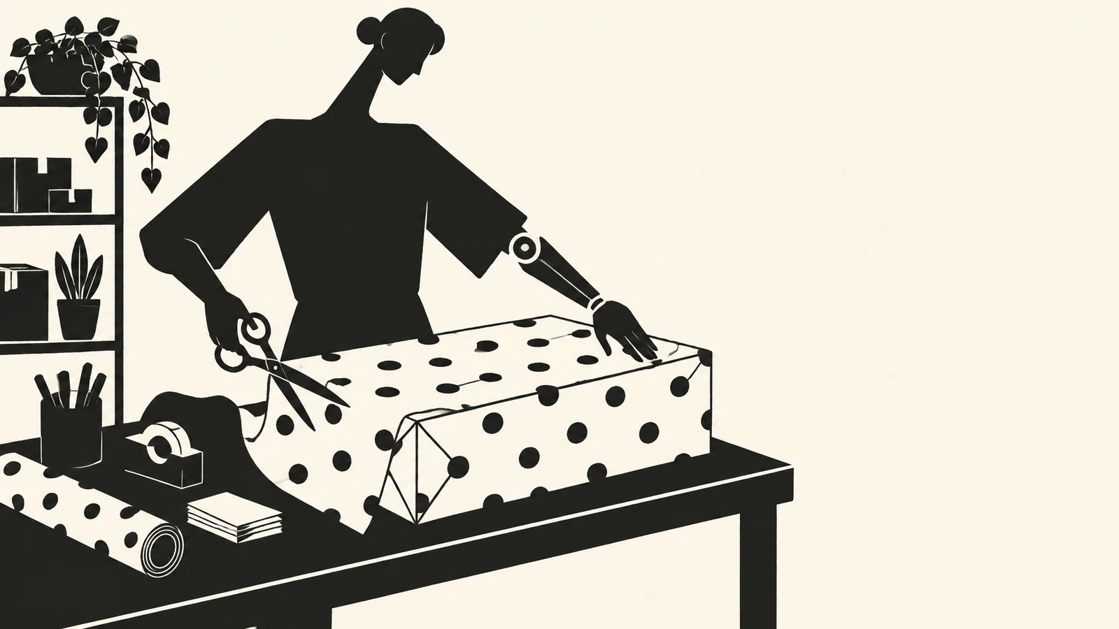 A black silhouette of a person with a prosthetic forearm leans over a large polka-dot parcel on a packing table, holding scissors beside the wrapping paper…