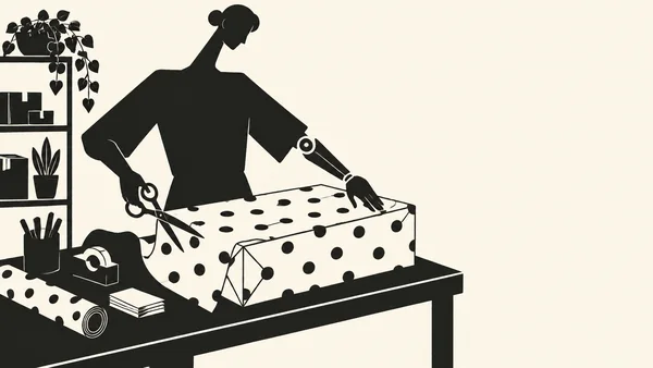 A black silhouette of a person with a prosthetic forearm leans over a large polka-dot parcel on a packing table, holding scissors beside the wrapping paper…