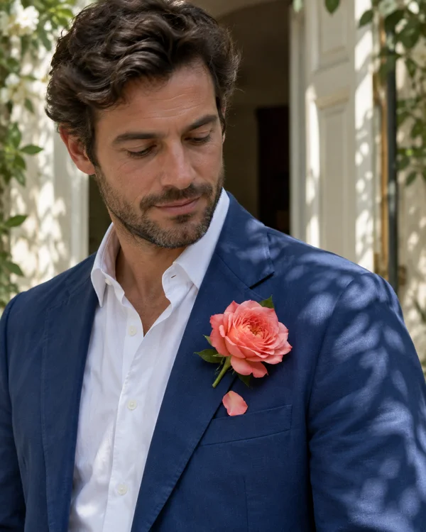 A dark-haired man in a blue jacket looks down at a coral-pink rose pinned above the breast pocket, with a loose pink petal resting on the pocket edge.
