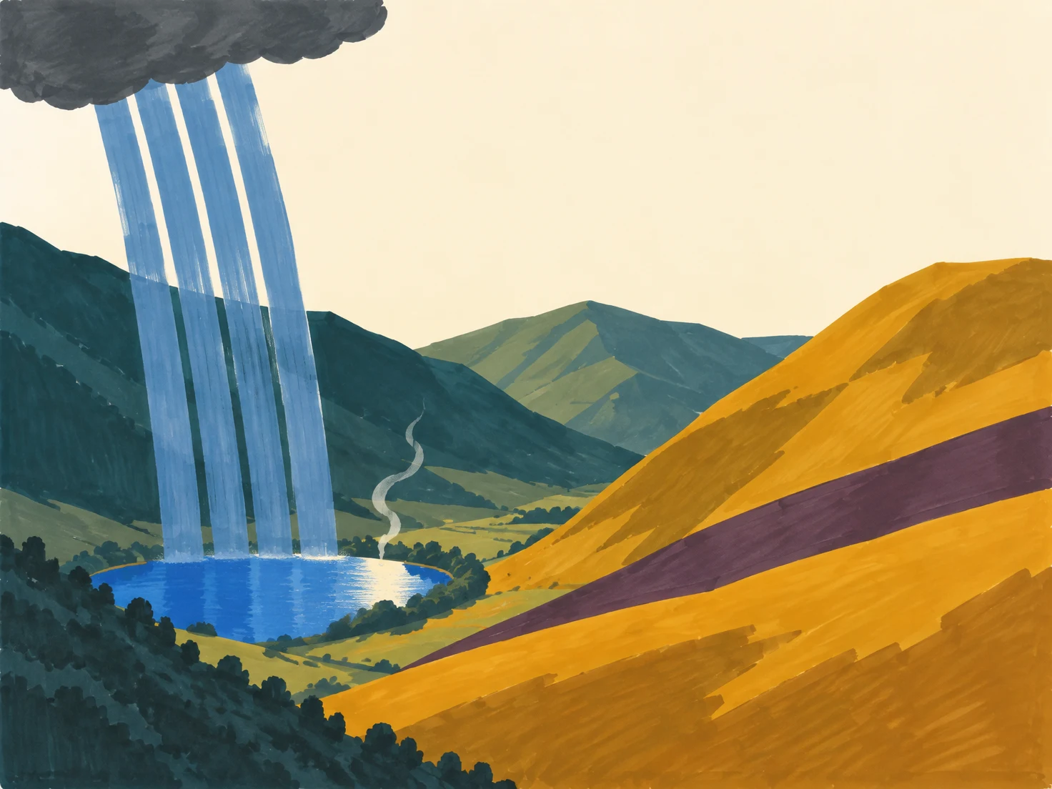 A charcoal cloud cropped at the upper-left releases broad blue rain strokes into a small cobalt lake in a green valley.