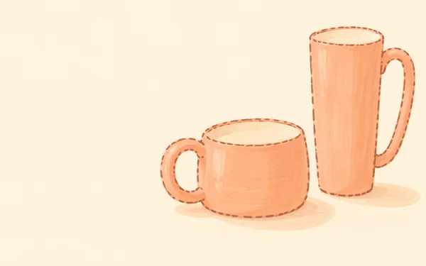 Two peach-colored illustrated mugs sit on a warm cream surface: a low, broad mug in front and a taller, narrow mug behind it, with pale oval shadows beneath…