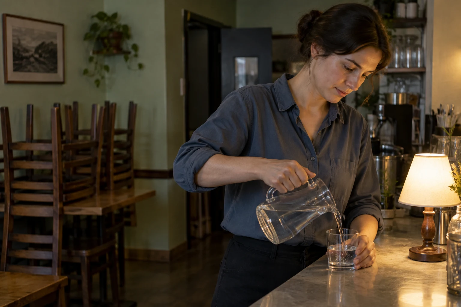An adult in a slate-blue shirt pours water from a clear pitcher into a tumbler at a café counter, beside a lit cream-shaded lamp.