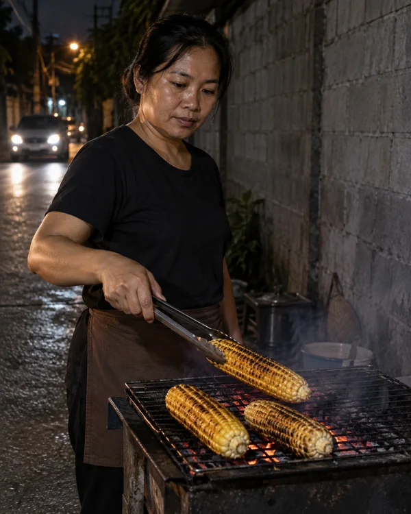 A cook in a dark shirt and apron uses metal tongs to lift a charred corn cob over a glowing grill in a wet alley at night, with a car and its headlights…