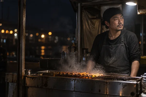 A street-food vendor in a dark apron stands behind a worn grill with skewers and rising steam, looking off-frame beneath a bright stall lamp at night.
