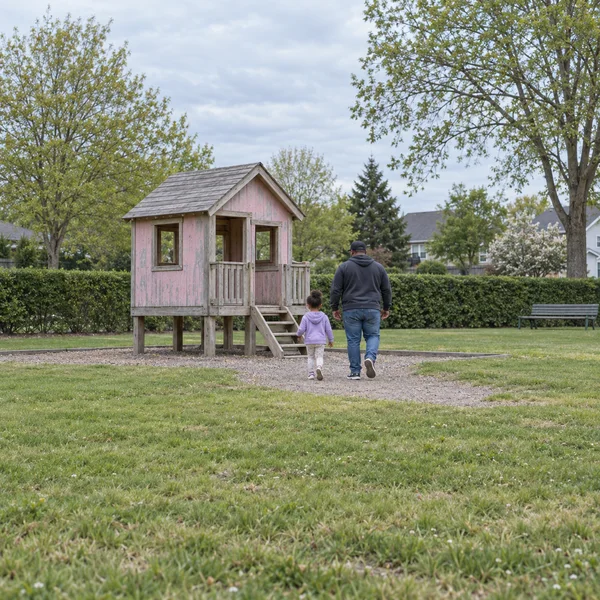 A child and an adult walk along a gravel path toward a weathered pink wooden playhouse in a grassy neighborhood park, with a hedge, trees and a bench behind…