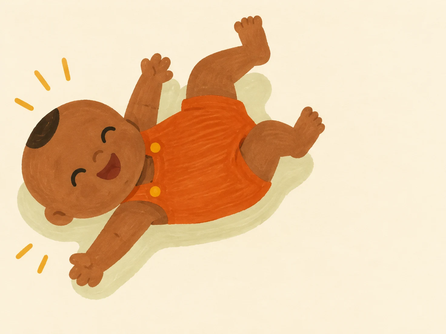 A smiling infant with warm brown skin lies diagonally on a cream background, wearing a burnt-orange romper.