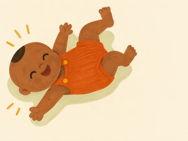 A smiling infant with warm brown skin lies diagonally on a cream background, wearing a burnt-orange romper.
