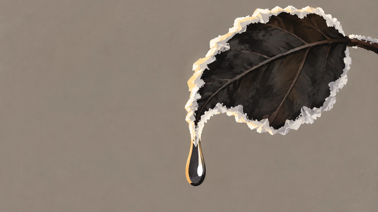 A broad dark leaf enters from the right against a warm gray background, edged with thick white frost and holding a long dark droplet with a bright highlight at…
