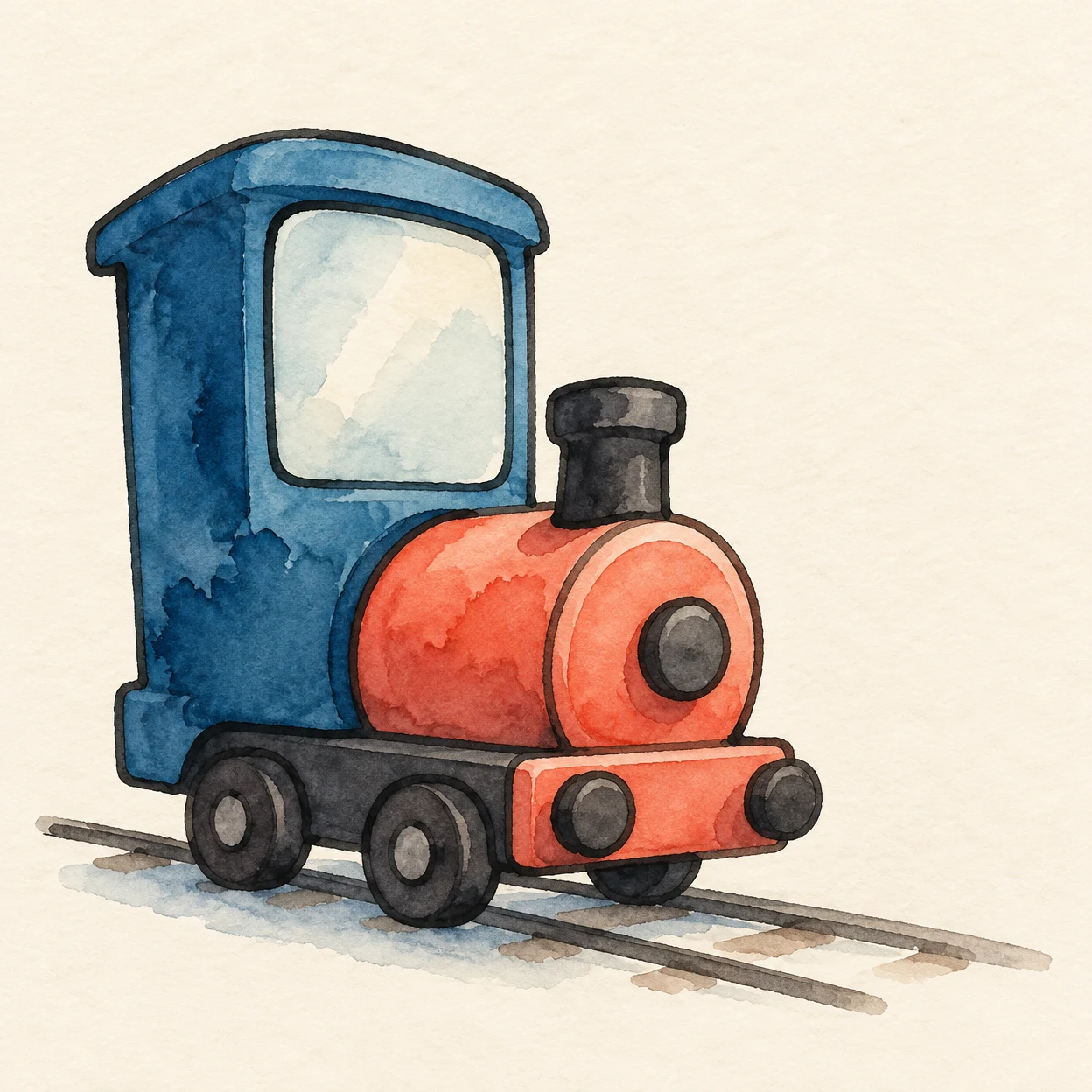 A hand-painted watercolour illustration of a chunky blue locomotive with a large pale cab window, coral engine nose, dark chimney and small wheels, standing on…