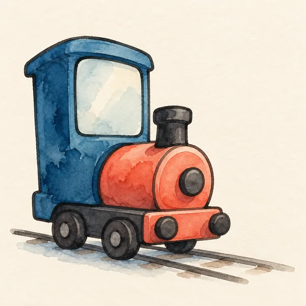 A hand-painted watercolour illustration of a chunky blue locomotive with a large pale cab window, coral engine nose, dark chimney and small wheels, standing on…
