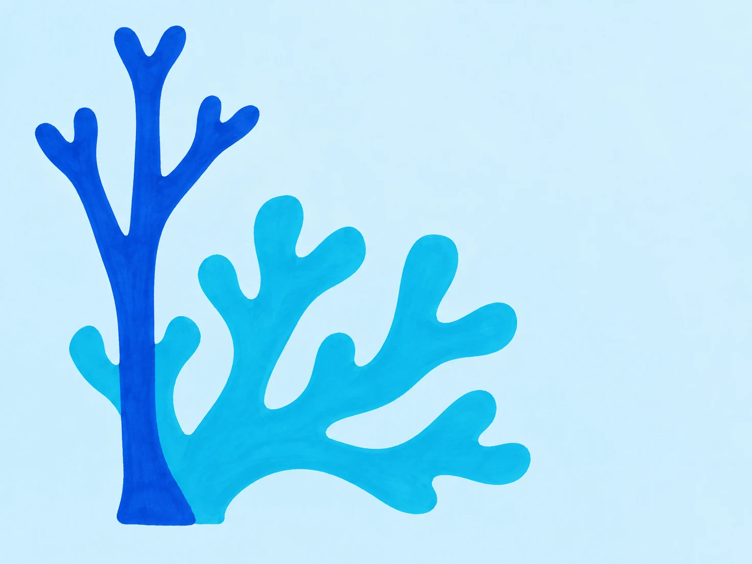 A hand-drawn coral-like colony with a tall cobalt branching stem beside a broad cyan fan, against a pale ice-blue background.