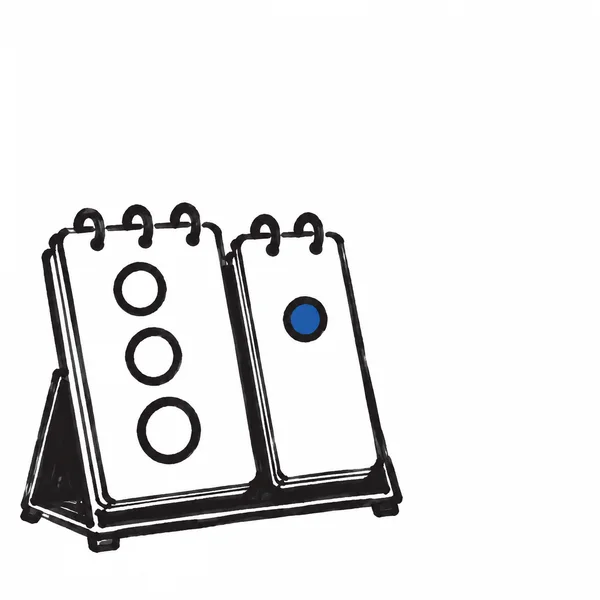 A hand-drawn tabletop flip scoreboard with two upright panels on a folding base, three hollow circles on the left panel and a blue circle on the right, set…