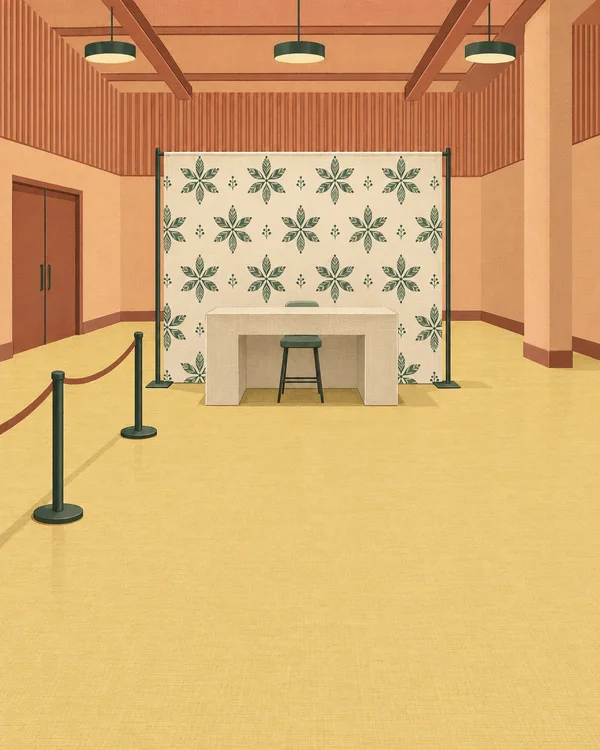 A textile-textured illustration of an empty venue meet-and-greet area, with a botanical-patterned fabric backdrop, pale counter, stools, queue posts and rope…