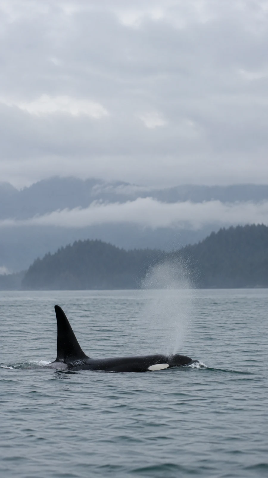 A black-and-white orca surfaces in rippled grey water, with its dorsal fin and white eye patch visible as a plume of mist rises above it; cloud-covered…