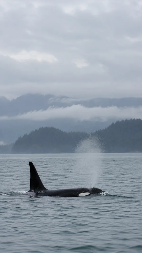 A black-and-white orca surfaces in rippled grey water, with its dorsal fin and white eye patch visible as a plume of mist rises above it; cloud-covered…