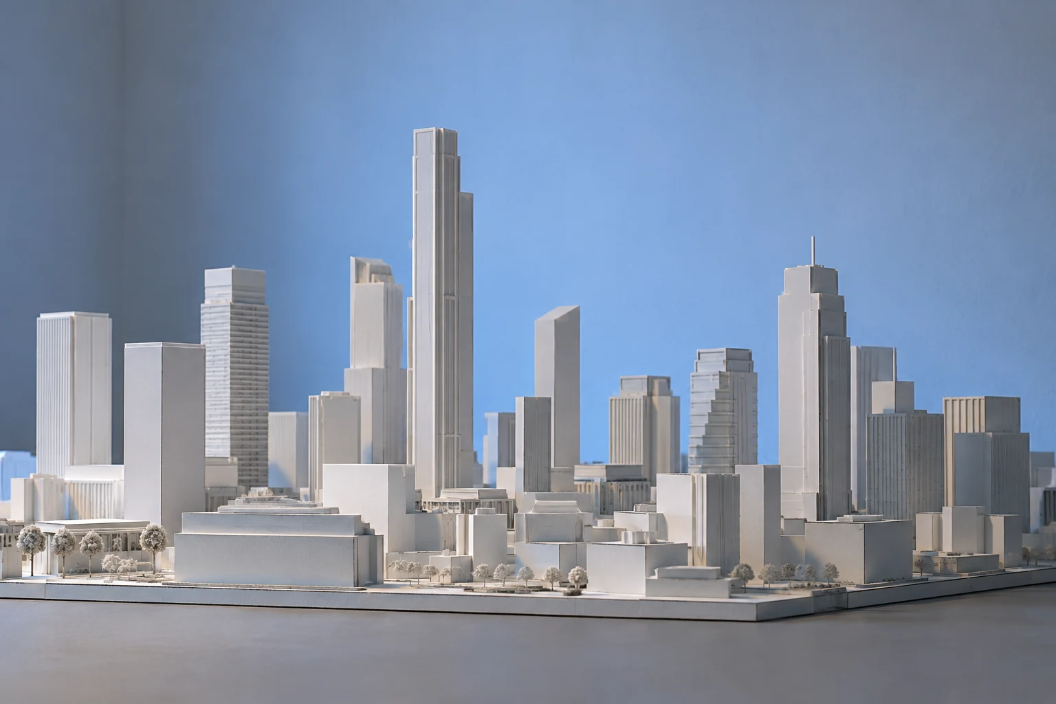 A pale architectural city model with varied towers and small model trees sits on a grey worktable against a blue-lit studio wall, with the base visible along…