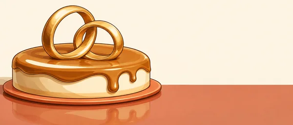 A wide caramel-glazed cake sits on a thin coral platter on a terracotta tabletop, topped with two oversized overlapping gold rings.