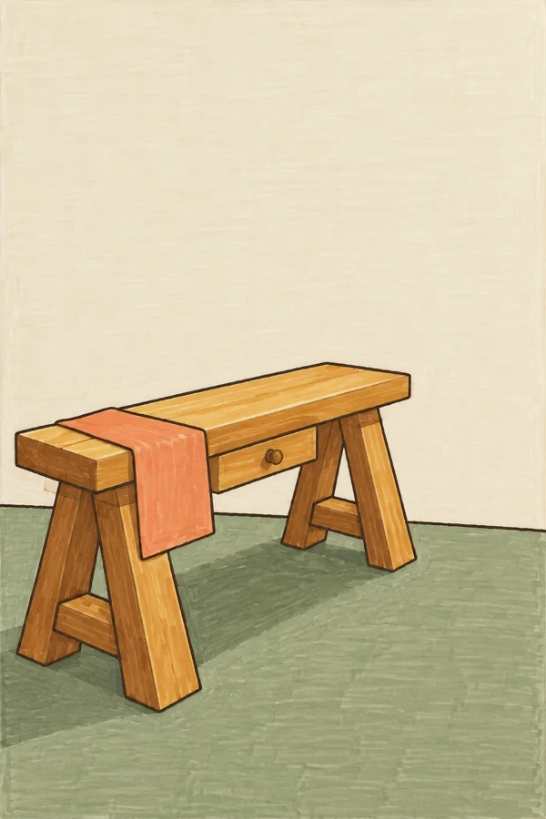 A honey-coloured wooden workbench with a shallow drawer and splayed trestle legs stands in an ivory room with a muted sage floor; a coral fabric swatch hangs…