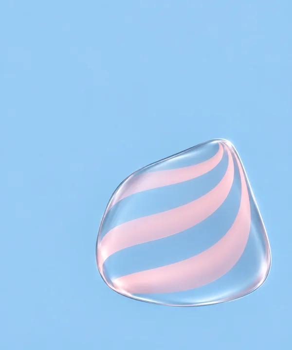 A large translucent, rounded lens-like form with sweeping pale pink bands sits in the lower-right area of a light blue field, edged with bright glassy…