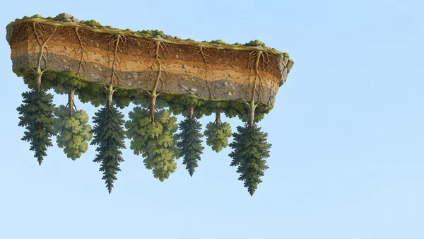 An upside-down cross-section of a forested terrain slab floats against a pale blue background, showing layered brown soil, branching roots, and several trees…