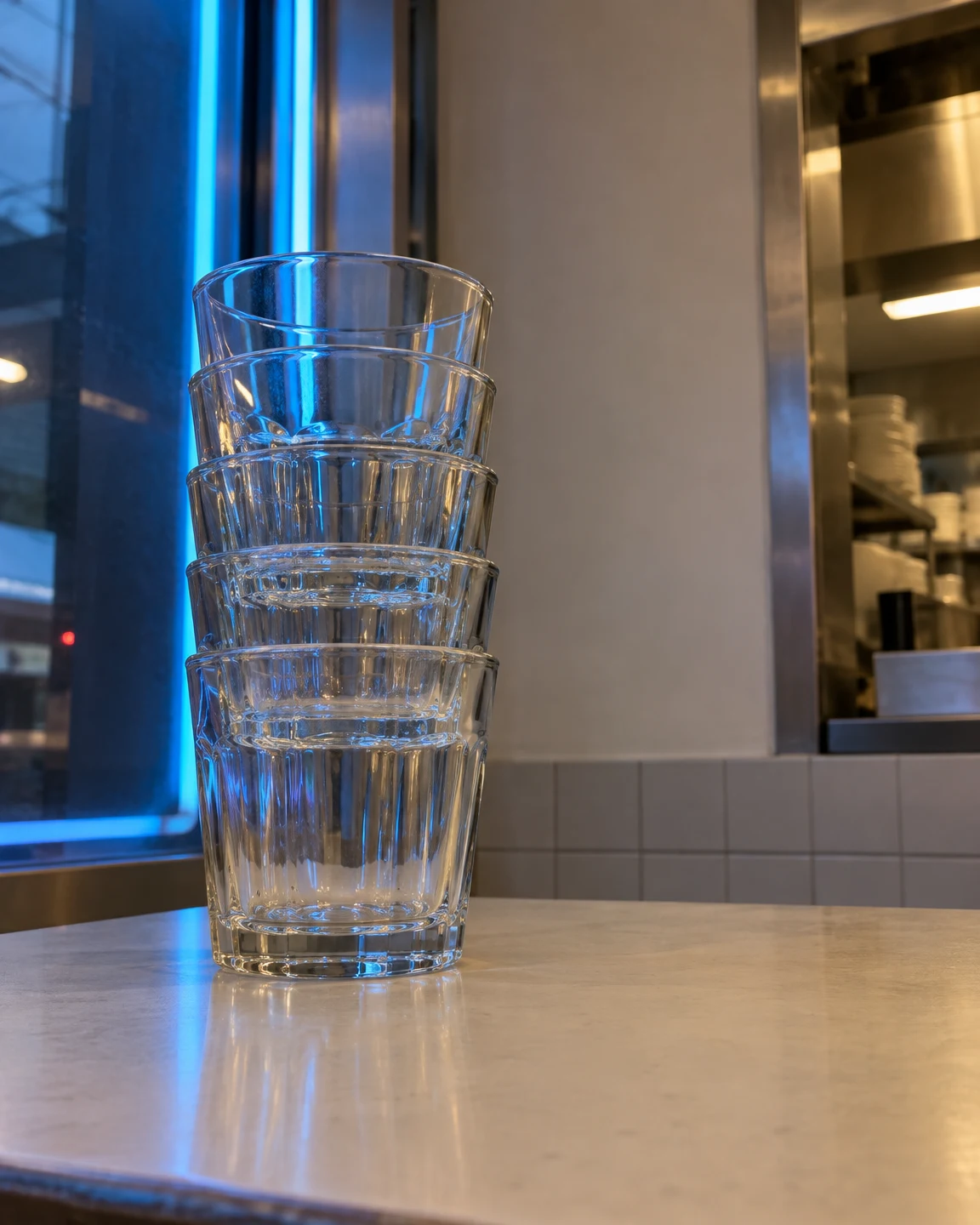 Five clear tumblers are nested into a tall stack on a cream counter, with blue light from a window at left and a restaurant service area visible at right.
