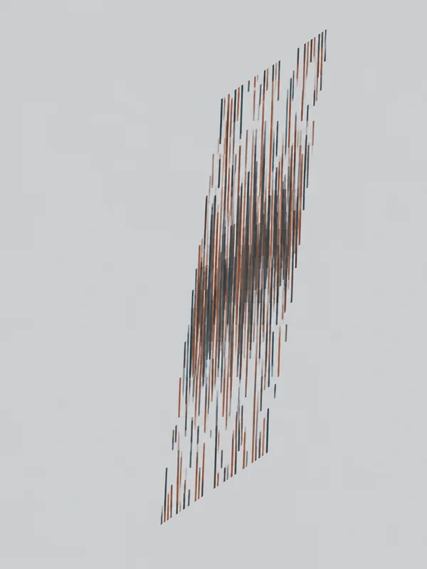 A tall, slanted field of thin rust and slate vertical strokes forms an irregular parallelogram on a pale grey background, with denser overlapping strokes…