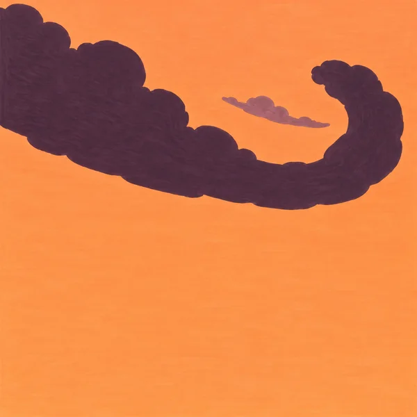 A large, dark plum cloud enters from the upper-left, sweeps across the upper part of an apricot sky and curls upward at the right; a small mauve ribbon-shaped…