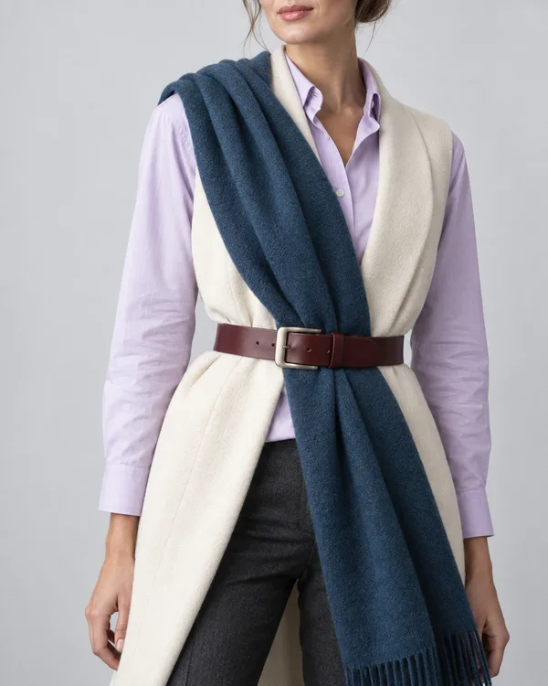 A model wears a lilac shirt under an open ivory longline vest, with a dark blue scarf draped across the torso and secured by a wide burgundy belt with a metal…